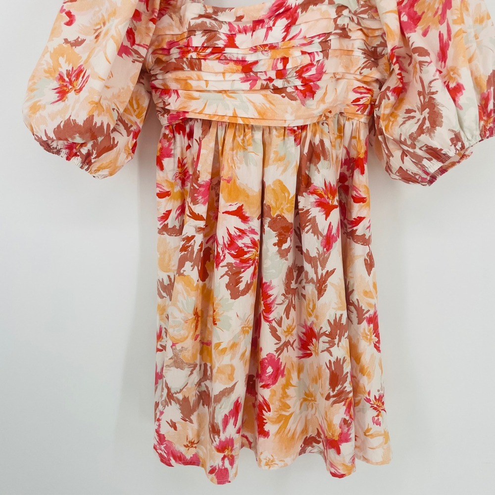 Abercrombie & Fitch Floral Puff Sleeve Pleated Mini Dress Orange Pink size XS - Picture 4 of 14